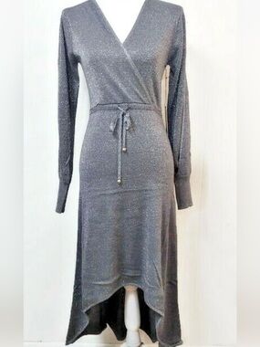 Vertigo Paris  Silver Gray Hi Low Cocktail Dress 
Slit Bishop Sleeves Wrap Front